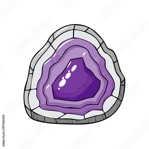 Cutaway of a purple amethyst geode showing crystal layers and rough exterior