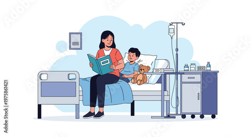 Caring mother reads an interesting storybook to her young son while he recovers in a hospital bed with medical equipment nearby.