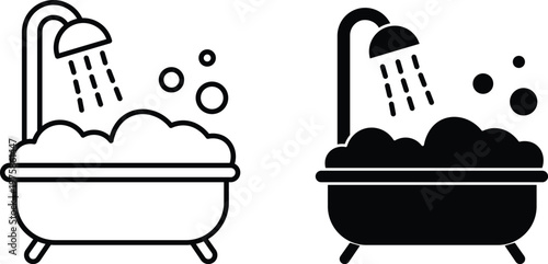 Minimalist bathtub icons with shower head and soap bubbles, black outline and solid silhouette bathroom vector set, hygiene and self-care symbols
