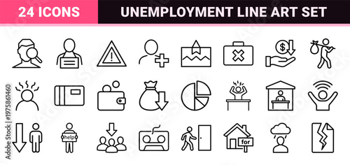 Jobless and unemployment line icon set for economic crisis