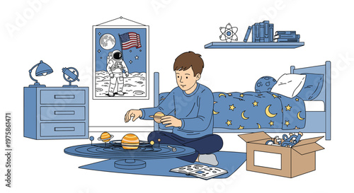 Curious young boy learns about astronomy by assembling a detailed solar system model in his cozy bedroom decorated with space posters.