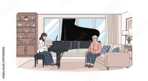 Talented young woman plays a beautiful melody on a grand piano for an elderly lady sitting comfortably on a sofa in a living room.