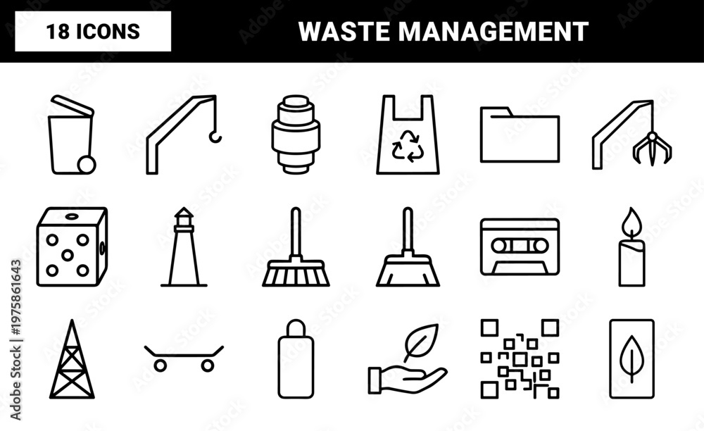 Fototapeta premium Ecological waste management and recycling minimalist outline icon set