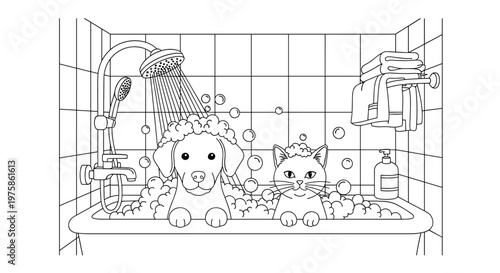 Black and white outline illustration of a cute puppy and kitten taking a bubble bath together in a tub for a children coloring book.
