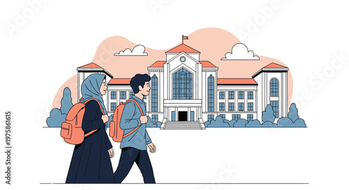 Two young students with backpacks walk happily in front of their large school building during a bright and clear morning.