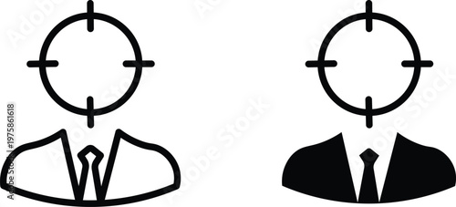 Targeted audience icon set, businessman with crosshair symbol, professional recruitment and headhunter concept, black and white vector graphics