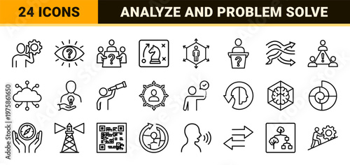 Black outline icon set for critical thinking skills and logic.