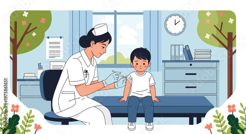 Professional nurse in a white uniform administers a vaccine injection to a brave young boy sitting in a doctor office clinic.
