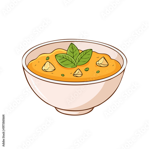 A delicious bowl of hearty vegetable soup garnished with fresh mint leaves and croutons, illustrated in a cheerful cartoon style.