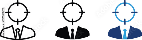 Target audience icon set with businessman silhouettes, headhunter recruitment symbols, 3 vector elements for marketing and hiring strategy