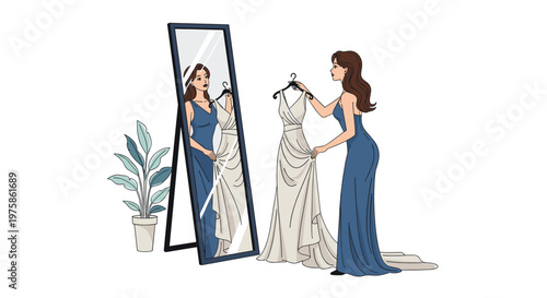 Elegant woman in a blue formal gown admires her reflection in a full-length mirror while choosing a white dress for a special event.