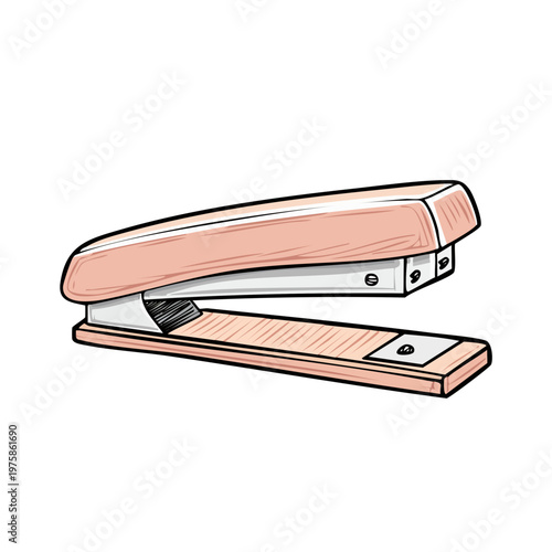Hand drawn coral pink office stapler tool for fastening papers together in a simple graphic illustration