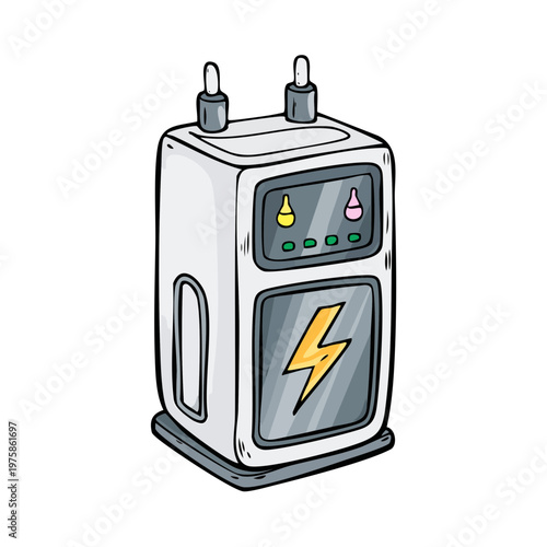 Cartoon electric charging station for vehicles with energy symbol and indicators