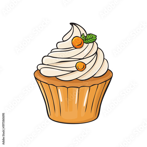 Delicious cupcake with creamy frosting and berry topping isolated on white