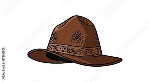 Traditional brown leather hat with detailed embossed patterns and ornamental designs isolated on a plain white background.