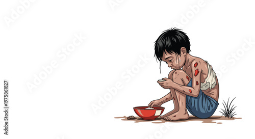Heartbreaking illustration of a thin and injured poor child sitting on the ground with an empty bowl, asking for help.