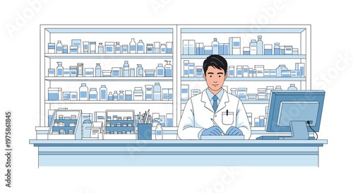 Professional male pharmacist wearing a white coat and gloves works behind a pharmacy counter filled with medicine on shelves.