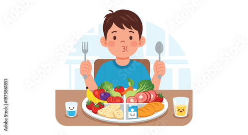 Healthy young boy looks happy while sitting at a table with a plate full of fresh fruits, vegetables, and whole grains.