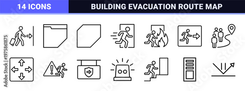 Emergency evacuation and fire exit line icon set for building safety navigation.