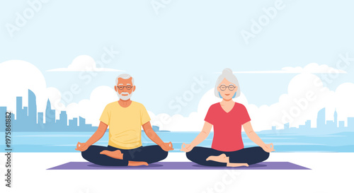 Senior man and woman find peace and balance while practicing yoga on a mat by the sea with the city skyline in the background.