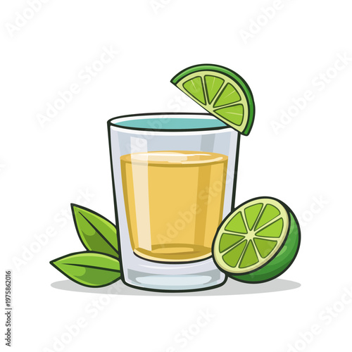Refreshing Shot of Golden Tequila with Lime Slices and Green Leaves