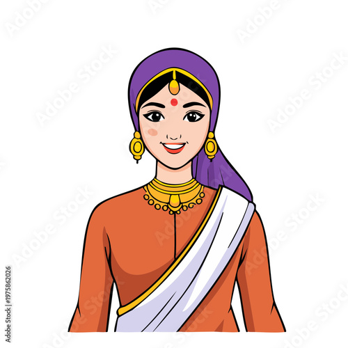 Smiling woman wearing traditional Indian attire including a bright orange kurta and white sari with jewelry and a purple headscarf