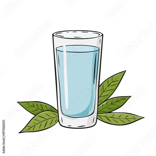 Refreshing glass of clear liquid with green leaves, hand-drawn illustration, healthy drink concept