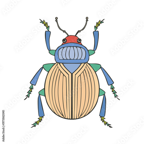 Stylized illustration of a colorful scarab beetle with intricate patterns and segmented body parts