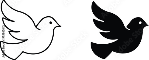 Minimalist dove bird icons, flying peace pigeon vector set, black and white bird silhouettes, spiritual and harmony symbol illustrations