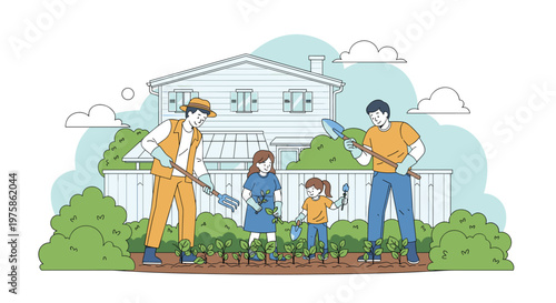 Happy family of four works together to plant and care for vegetables in their backyard garden in front of their beautiful house.