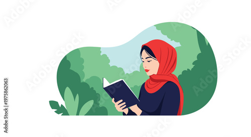 Calm woman wearing a red hijab enjoys reading a book while sitting surrounded by lush green trees in a peaceful park.