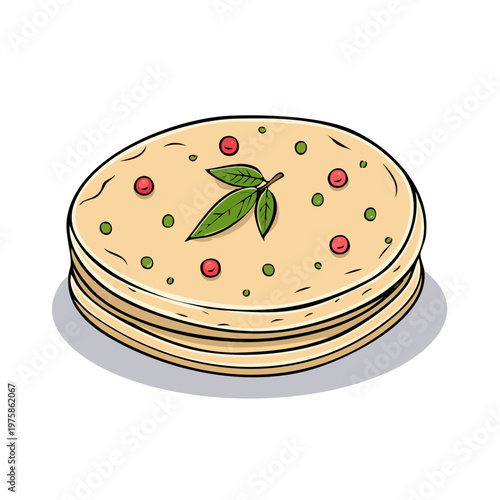 Stack of Indian Chapati or Roti bread with green leaves and red dots decoration