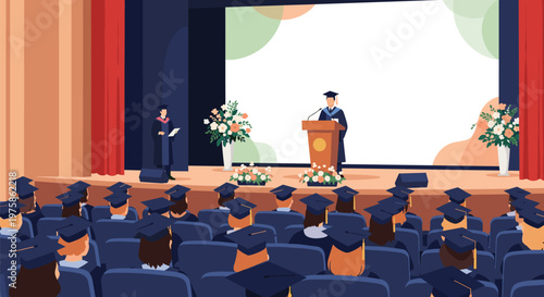Large group of proud graduates in caps and gowns listen to a motivational speech during an official university graduation ceremony.