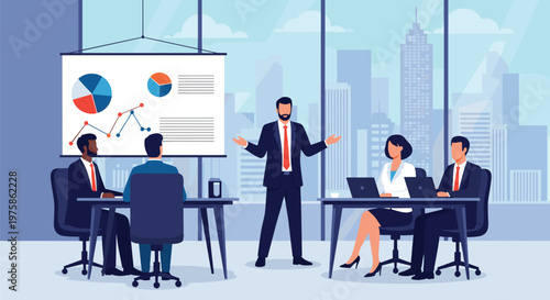 Professional businessman delivering a strategic presentation to colleagues in a modern high-rise office with a city skyline view.