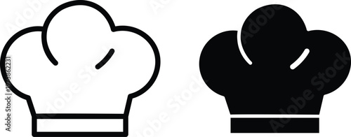 Chef hat icon set in outline and silhouette styles, professional cook toque vector elements, minimalist kitchen uniform headwear for restaurant branding