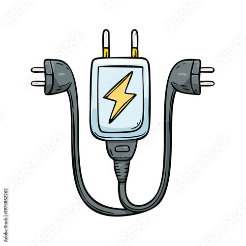 Dual electrical adapter with charging symbol and two plugs for simultaneous power connection