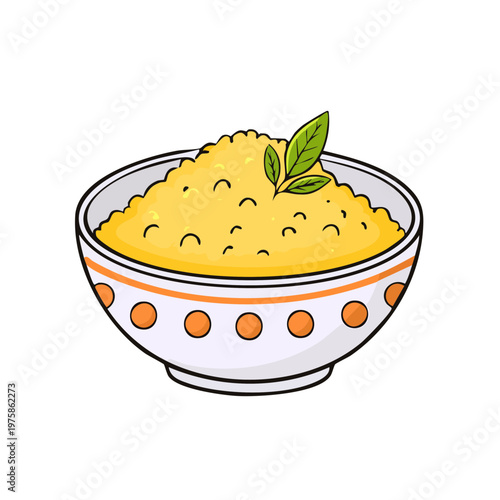 Cartoon illustration of a colorful bowl filled with bright yellow corn kernels and a fresh green herb sprig on top