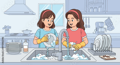 Two young girls wearing gloves happily washing and drying dishes together at a kitchen sink with stacks of clean plates and foam.