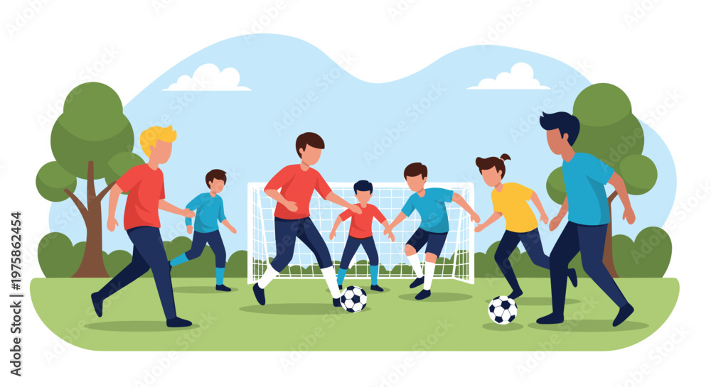 Obraz premium Group of diverse children playing a soccer match on a green field with a goal and trees under a clear blue sky during summer.