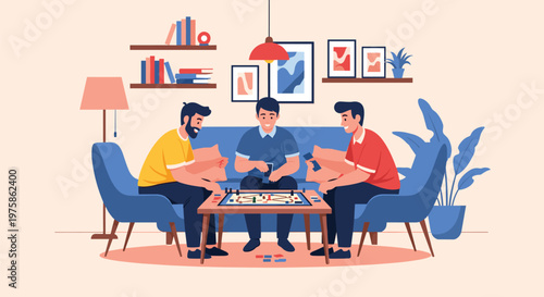 Three young men sitting on a blue sofa around a coffee table enjoying a strategic board game in a cozy modern living room interior.