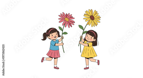 Two happy young girls each holding a large colorful flower while skipping and playing together on a clean white background.