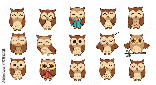 Large collection of cute cartoon owl characters in various poses including sleeping, reading, and blinking isolated on a white background.