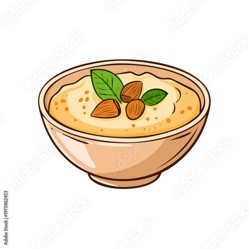 Healthy Breakfast Oatmeal Bowl Topped with Almonds and Mint Leaves