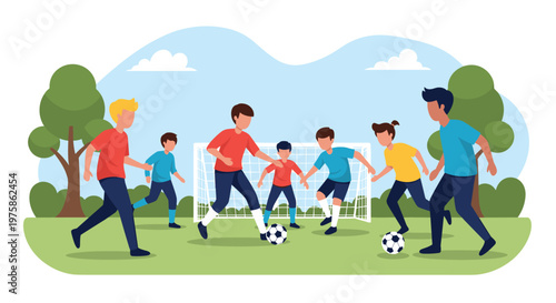Group of diverse children playing a soccer match on a green field with a goal and trees under a clear blue sky during summer.