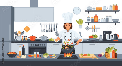 Female professional chef in a white uniform and hat stir-frying fresh vegetables in a wok over a flaming stove in a modern kitchen.