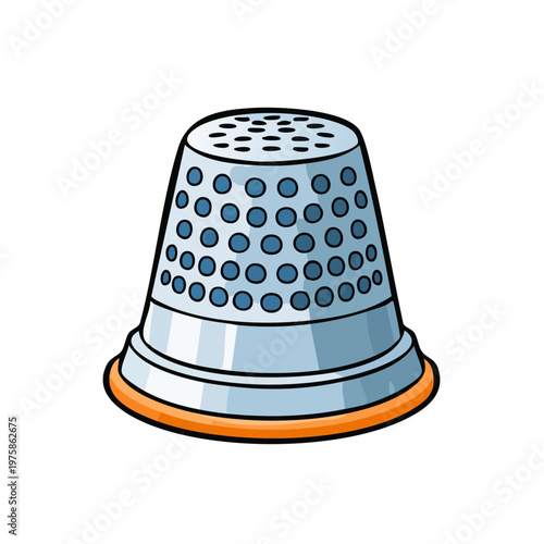 Close up of a shiny metal sewing thimble with dimples and an orange rim for protection