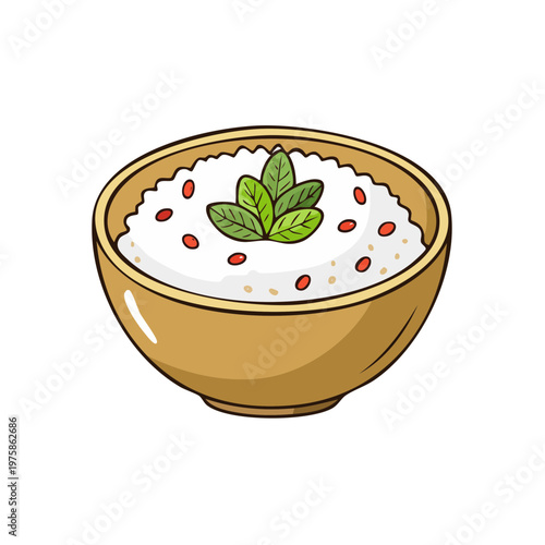 Hand Drawn Bowl of Rice Pudding Topped With Mint Leaves and Berries
