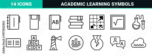 Minimalist education line icons for school subjects and academic learning