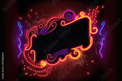 Bright neon frame design with swirling patterns and glowing elements for creative backgrounds and digital projects