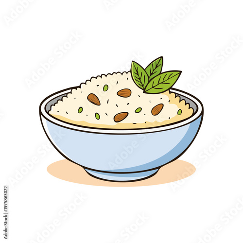 Wholesome breakfast porridge with nuts and mint leaves served in a light blue bowl illustration